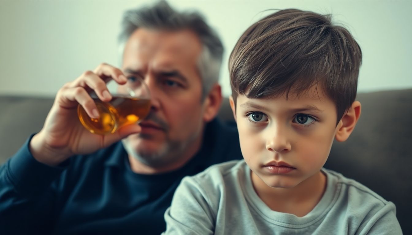 a child sitting behind a father drinking alcohol