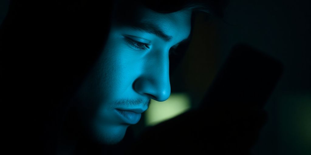 Person using smartphone in a dimly lit room.