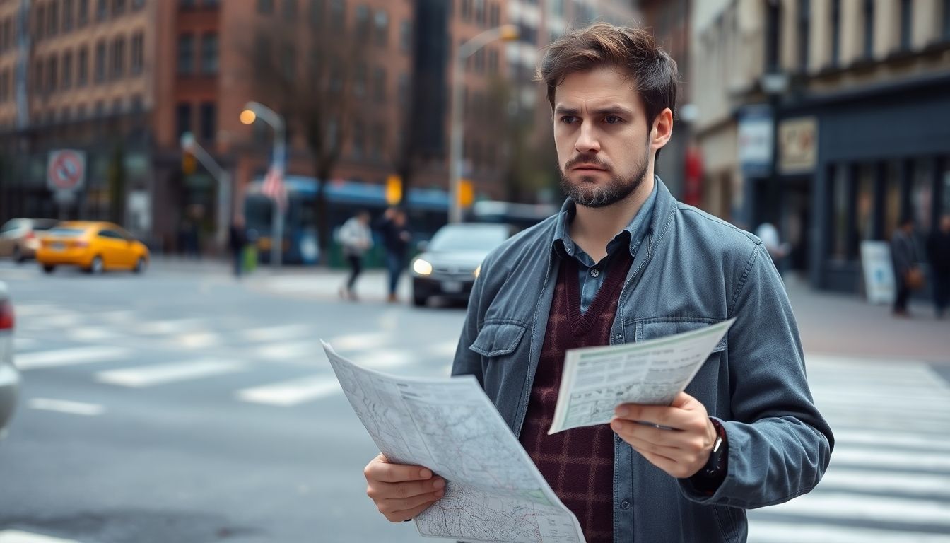 A man standing in a city street looking concerned trying to find his child